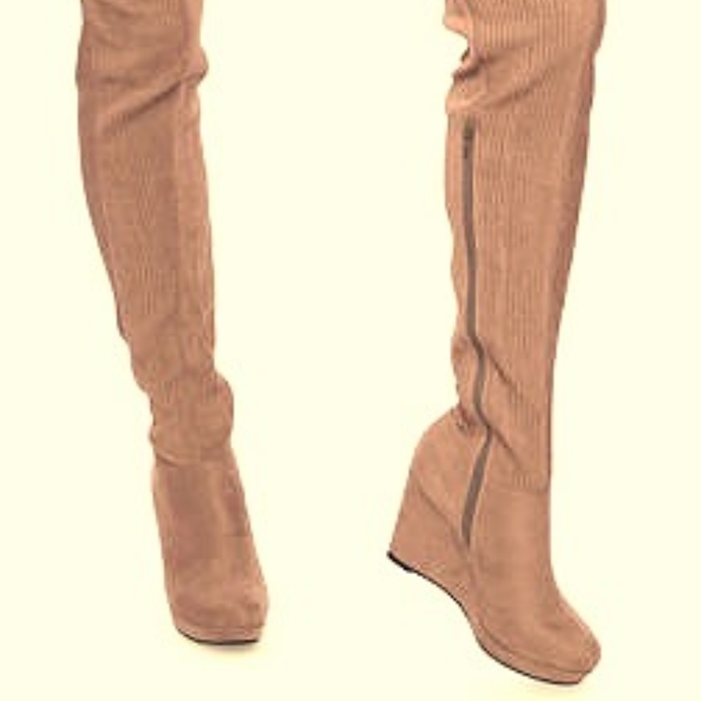 Light Taupe Over the Knee Wedge Boot